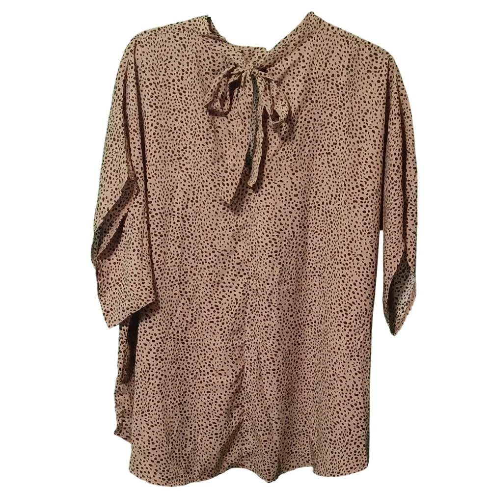 SHEIN Curve 3XL Tan Black Animal Print Tie Back High Neck Short Sleeve Top